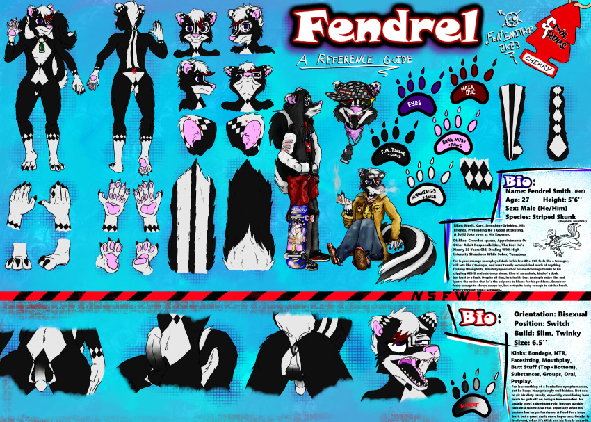 absurd_res anthro anus balls black_body black_fur clothing digital_media_(artwork) digital_painting_(artwork) dyed_fur eyewear feet fendrel_smith fendrel_smith_(character) flat_colors fur genitals hi_res male mammal mephitid model_sheet multiple_angles open_mouth pawpads paws penis piercing raised_tail simple_background sitting skateboard skunk smoking solo sunglasses tail teeth text toes tongue tongue_out white_body white_fur