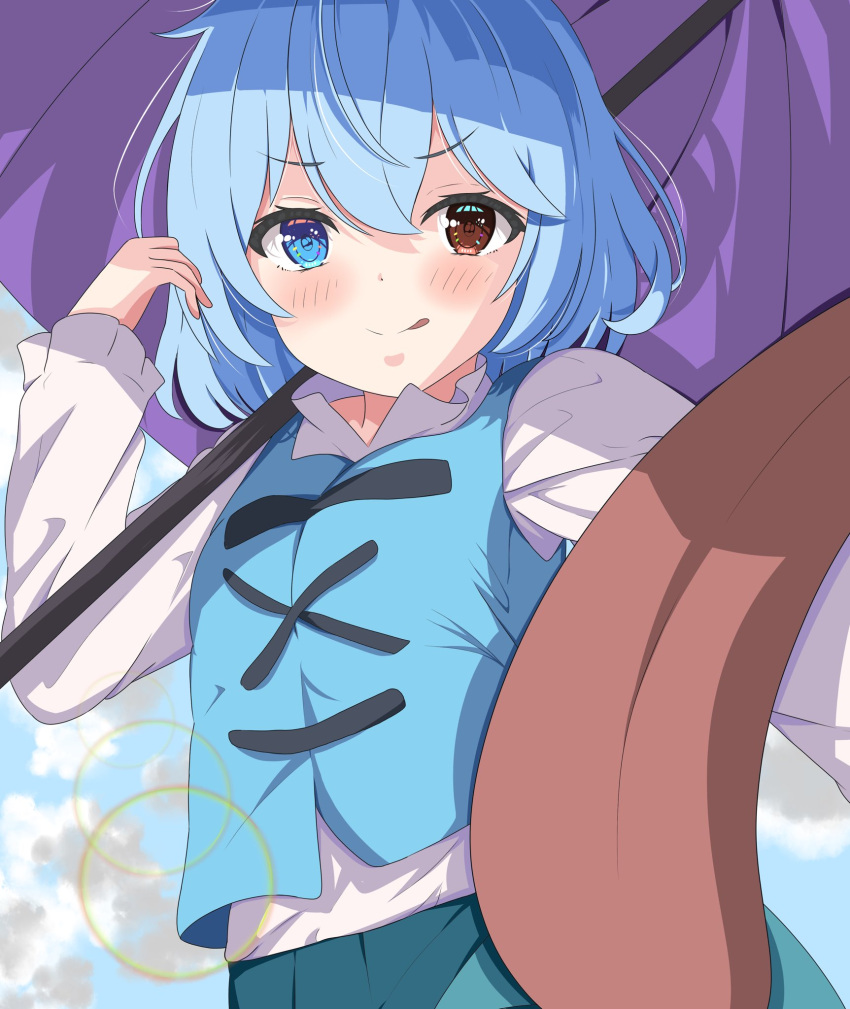 1girl blue_eyes blue_hair blue_vest blush closed_mouth cloud commentary_request heterochromia highres holding holding_umbrella long_sleeves looking_at_viewer outdoors purple_umbrella red_eyes setsugetsuka436 short_hair solo tatara_kogasa tongue tongue_out touhou umbrella upper_body vest