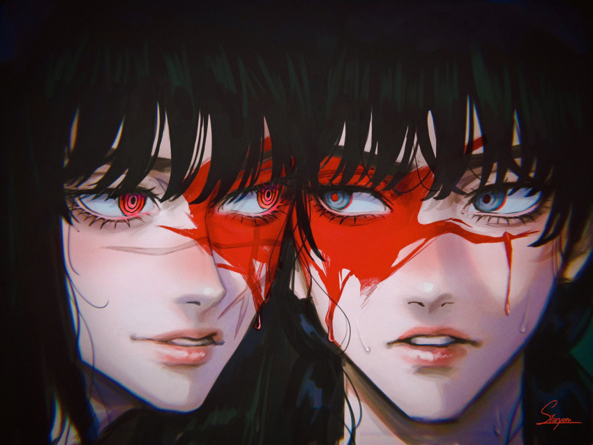 2girls artist_name bangs black_hair blood blood_on_face chainsaw_man cheek-to-cheek cross_scar heads_together highres long_hair looking_at_another mitaka_asa multiple_girls parted_lips red_eyes ringed_eyes scar scar_on_cheek scar_on_face staryoruu sweat yoru_(chainsaw_man)