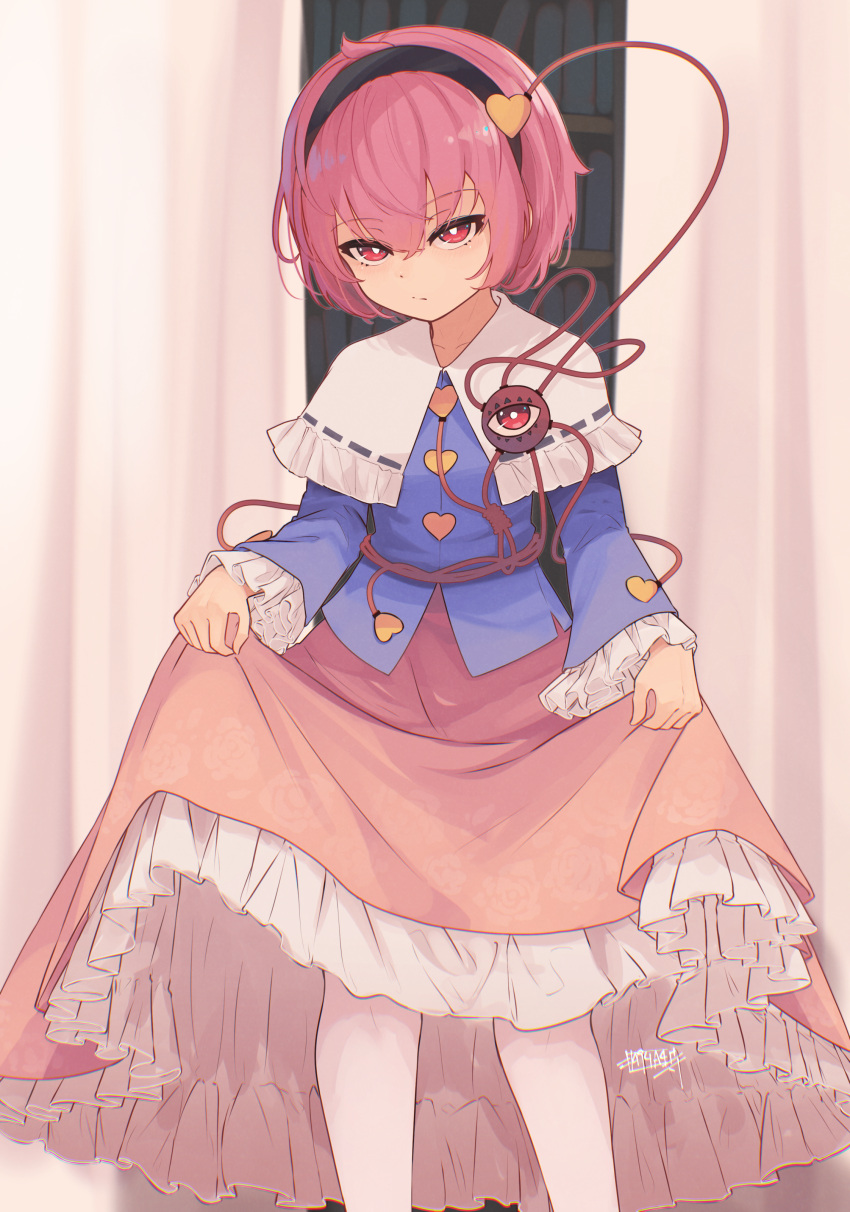 1girl absurdres bangs black_hairband blue_shirt buttons capelet closed_mouth commentary_request feet_out_of_frame frilled_capelet frilled_skirt frilled_sleeves frills hairband heart heart_button highres komeiji_satori long_sleeves looking_at_viewer pantyhose pink_eyes pink_hair pink_skirt senzaicha_kasukadoki shirt short_hair signature skirt skirt_hold solo third_eye touhou white_capelet white_pantyhose