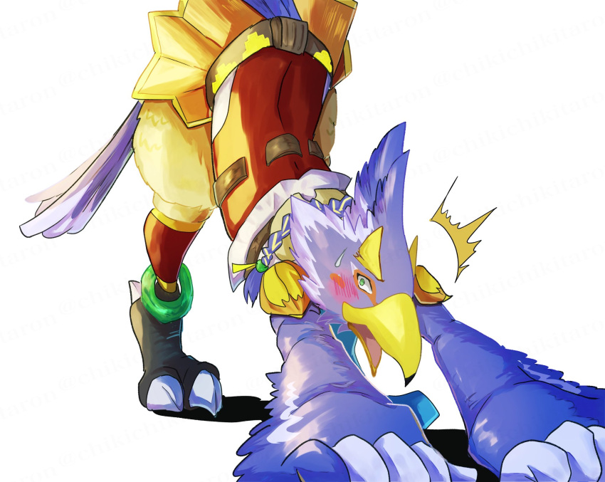 anthro avian beak bent_over blue_body blue_feathers blush braided_hair breath_of_the_wild chikichikitaron claws embarrassed feathers hair hi_res jack-o'_pose male nintendo pose revali rito simple_background solo stretching talons the_legend_of_zelda white_background wings