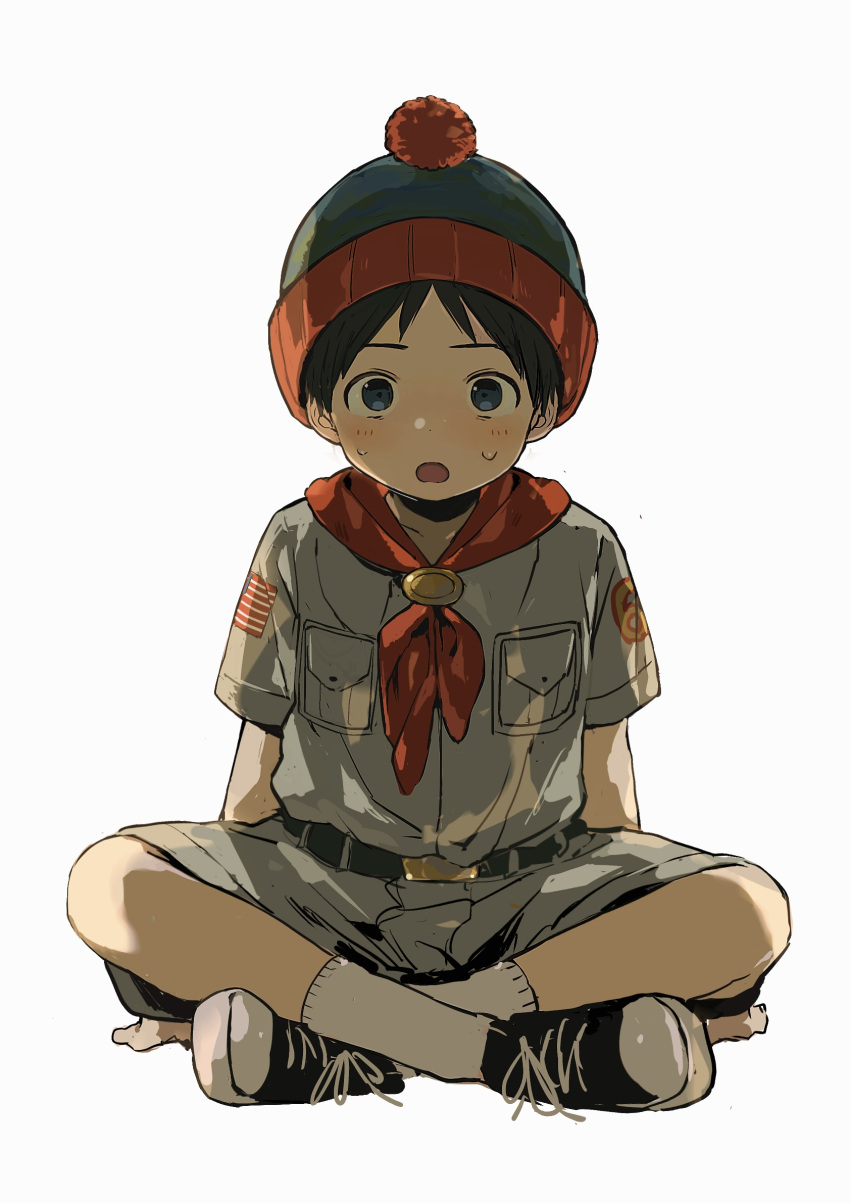 1boy american_flag american_flag_print animification beanie black_footwear black_hair blue_eyes boy_scout crossed_legs cub_scout facing_viewer flag_print hat highres light_blush looking_at_viewer male_child male_focus neckerchief ooomigo11 open_mouth red_neckerchief scout_uniform short_hair short_sleeves shorts simple_background sitting socks solo south_park stan_marsh white_background white_socks