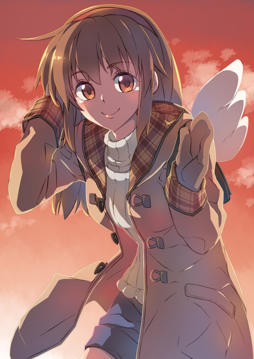 1girl absurdres blue_shorts blush brown_coat brown_collar brown_gloves brown_hair chiharu_(9654784) closed_mouth coat collar commentary_request cowboy_shot eyelashes gloves hair_between_eyes hairband hand_up highres kanon lips long_sleeves looking_at_viewer medium_hair mittens open_clothes open_coat orange_sky plaid_collar red_eyes red_hairband sad_smile shirt shorts sidelighting sky smile solo standing straight_hair sunset tears tsukimiya_ayu waving white_shirt