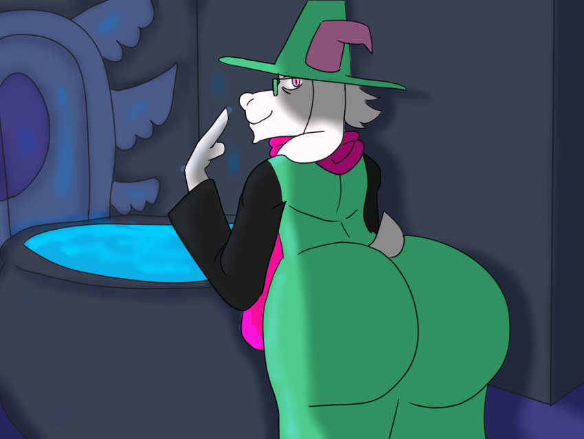 anthro big_butt bovid butt caprine clothed clothing deltarune eyewear fur glasses goat hat headgear headwear hi_res horn huge_butt looking_at_viewer looking_back male mammal ralsei sbeve_wagon scarf simple_background smile solo thick_thighs undertale_(series)