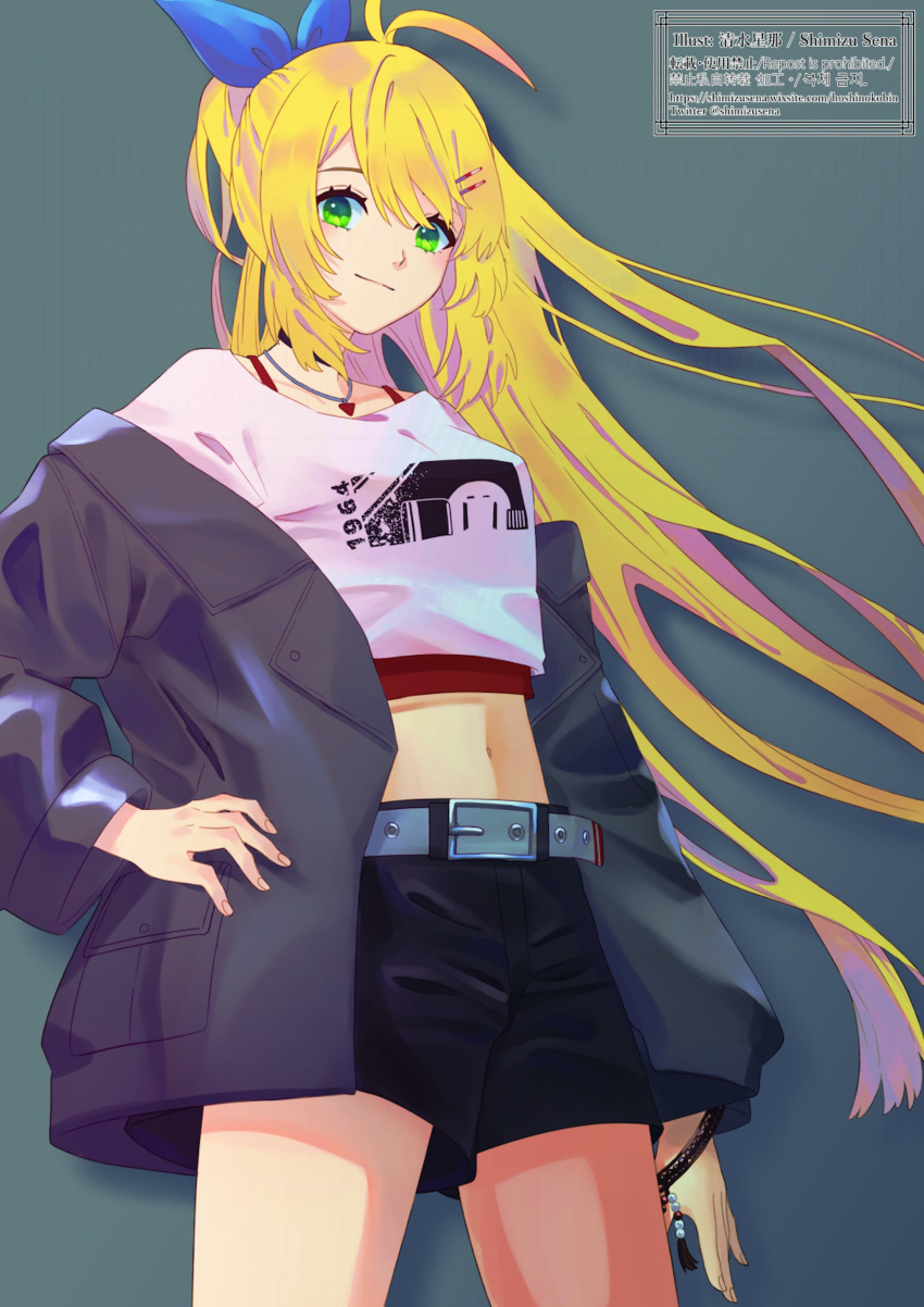 1girl absurdres antenna_hair artist_name black_shorts blonde_hair breasts cevio cowboy_shot crop_top green_eyes grey_jacket highres jacket long_hair medium_breasts midriff navel ponytail shimizu_sena short_shorts shorts solo tsurumaki_maki very_long_hair voiceroid watermark web_address