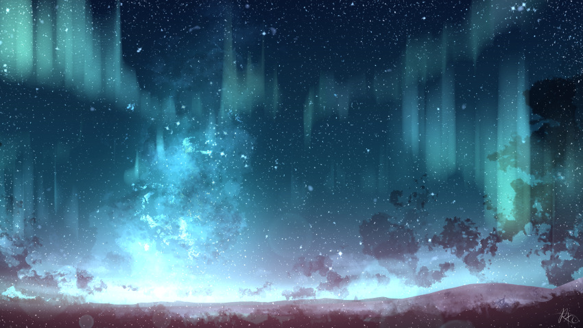 aurora cloud commentary english_commentary highres mountainous_horizon night night_sky no_humans original outdoors rune_xiao scenery signature sky star_(sky) starry_sky still_life