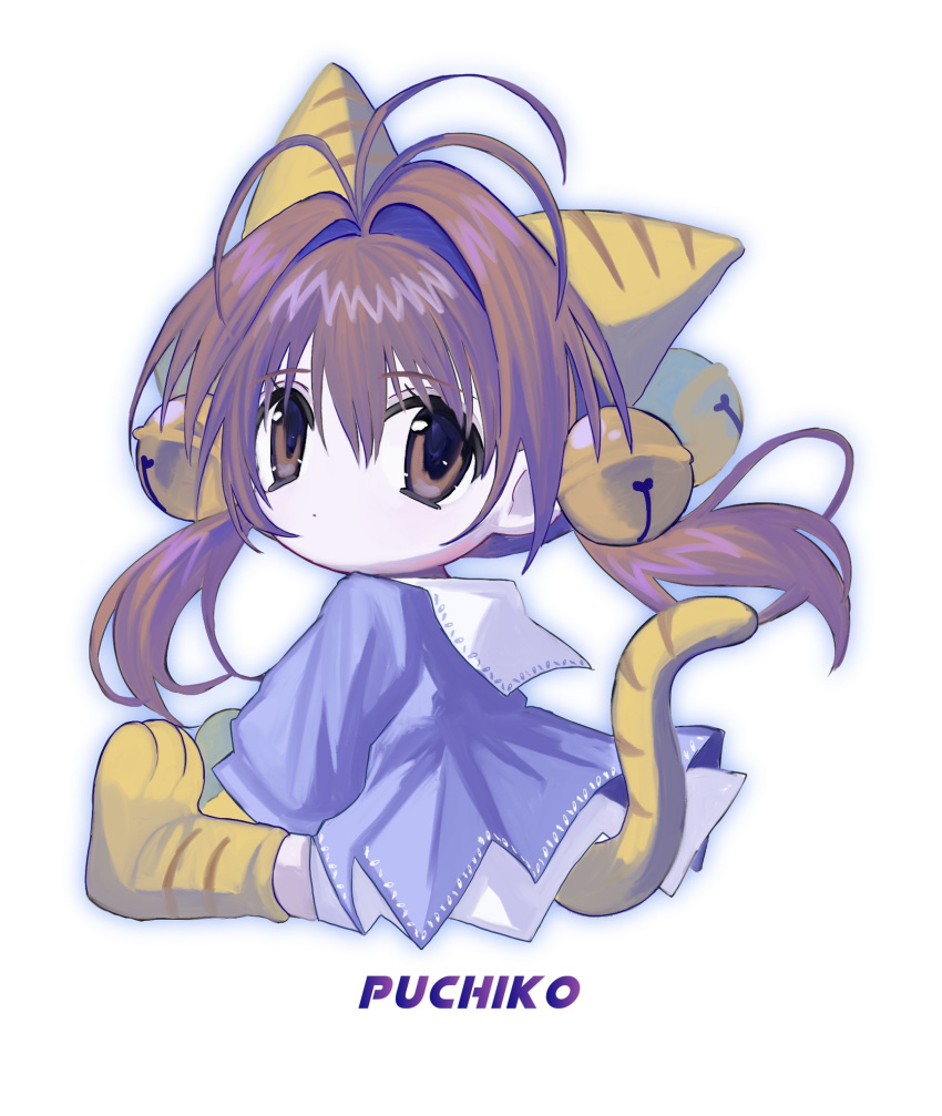 1girl animal_ears antenna_hair bell blue_dress brown_eyes brown_hair cat_ears cat_tail character_name chibi di_gi_charat dot_mouth dress expressionless hair_between_eyes highres jingle_bell looking_at_viewer low_twintails medium_hair pepeppepe101 puchiko simple_background sitting solo tail twintails white_background