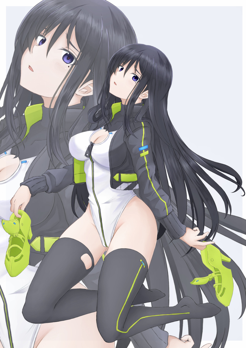 1girl absurdres alice_gear_aegis black_hair black_jacket black_thighhighs cleavage_cutout clothing_cutout commentary_request companion/af covered_collarbone cropped_jacket front_zipper full-length_zipper full_body green_footwear hair_between_eyes high_heels highleg highleg_leotard highres holding holding_shoes jacket kagome_misaki kneeling leotard long_hair looking_at_viewer mole mole_under_eye parted_lips purple_eyes race_queen raised_eyebrows shoes shoes_removed thighhighs tubamesaapoo turtleneck turtleneck_leotard two-tone_background white_leotard zipper zipper_leotard zipper_pull_tab zoom_layer
