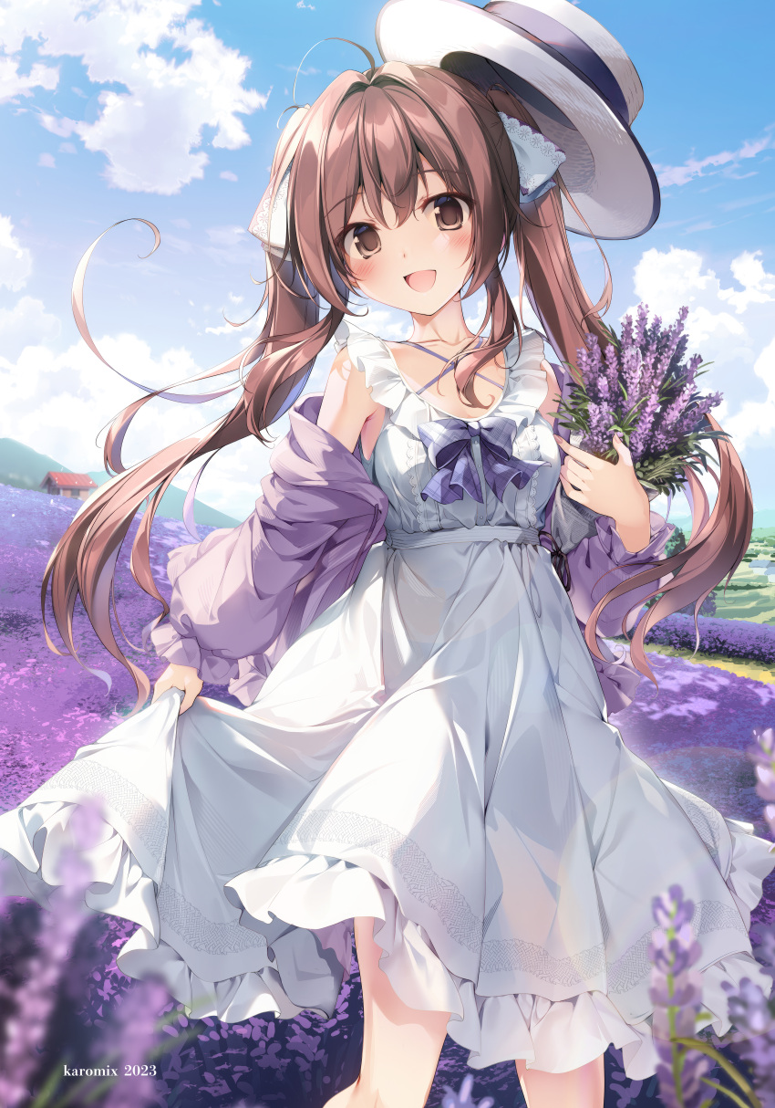 1girl absurdres aomi_kanon blue_sky bouquet brown_eyes brown_hair cloud commentary_request day dress field floating_hair flower flower_field hat highres jacket karory lavender_(flower) long_hair looking_at_viewer off_shoulder open_mouth original outdoors purple_jacket skirt_hold sky sleeveless sleeveless_dress solo straw_hat sundress twintails violet_(flower) white_dress wind