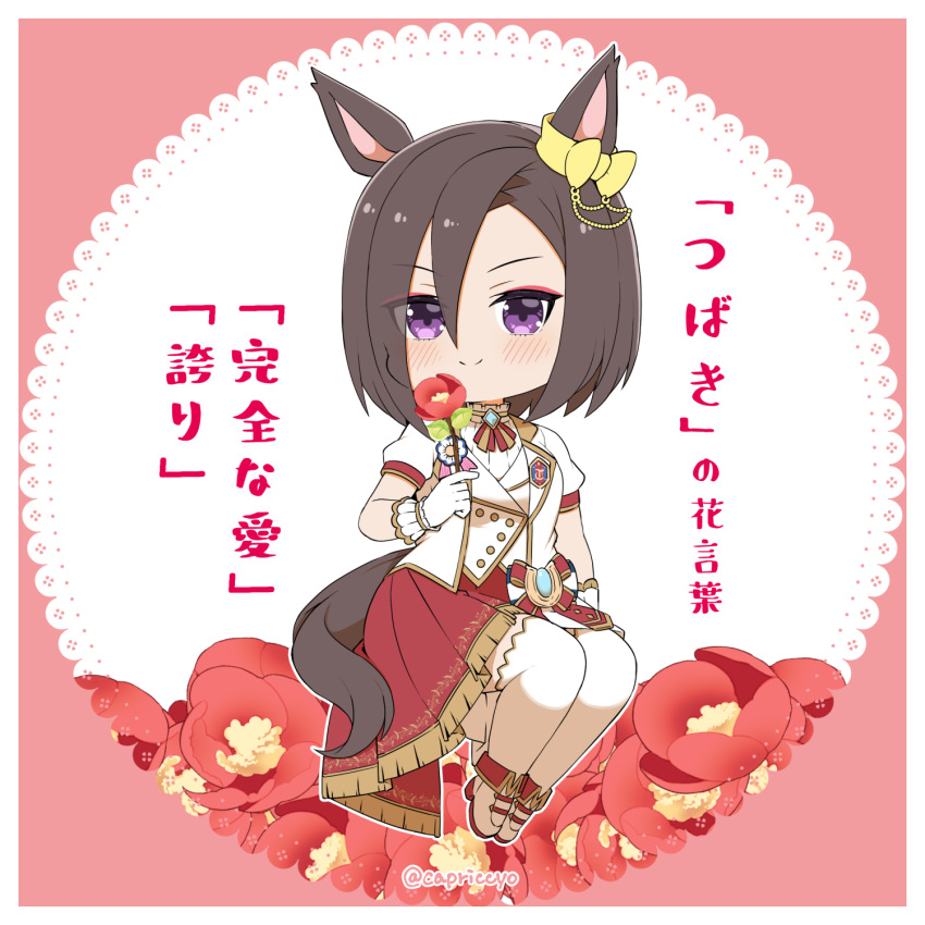 1girl air_groove_(umamusume) animal_ears blush boots border bow brown_hair capriccyo ear_bow flower gloves gold_trim hair_between_eyes highres holding holding_flower horse_ears horse_girl horse_tail looking_at_viewer medium_hair pink_background pleated_skirt purple_eyes red_skirt short_sleeves skirt smile solo tail twitter_username umamusume white_border white_gloves yellow_bow