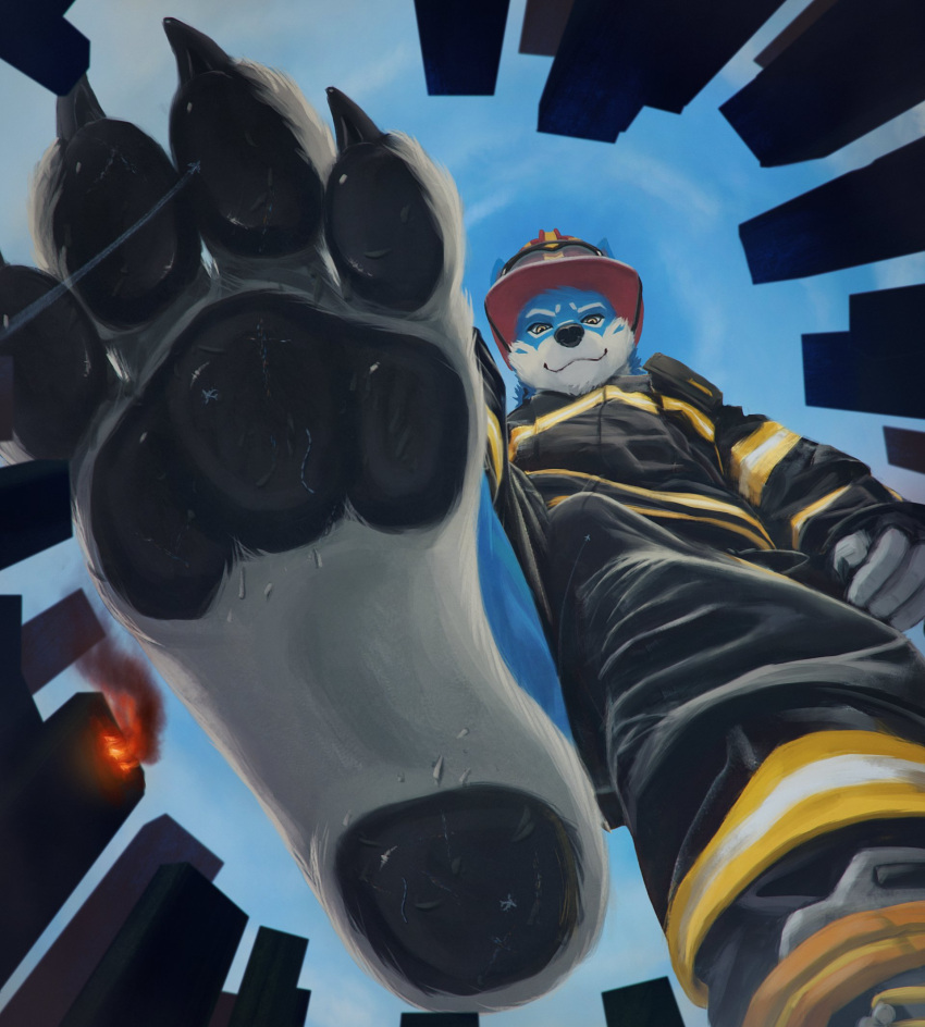 2023 4_toes anthro armor blue_body blue_fur bottomwear building_destruction canid canine canis city claws clothing digital_media_(artwork) feet fingers fire firefighter first_person_view fur headgear helmet hi_res looking_at_viewer looking_down looking_down_at_viewer macro male mammal pants perspective plantigrade smile solo thb886 toe_claws toes uniform white_body white_fur wolf wolfie_(thb886)