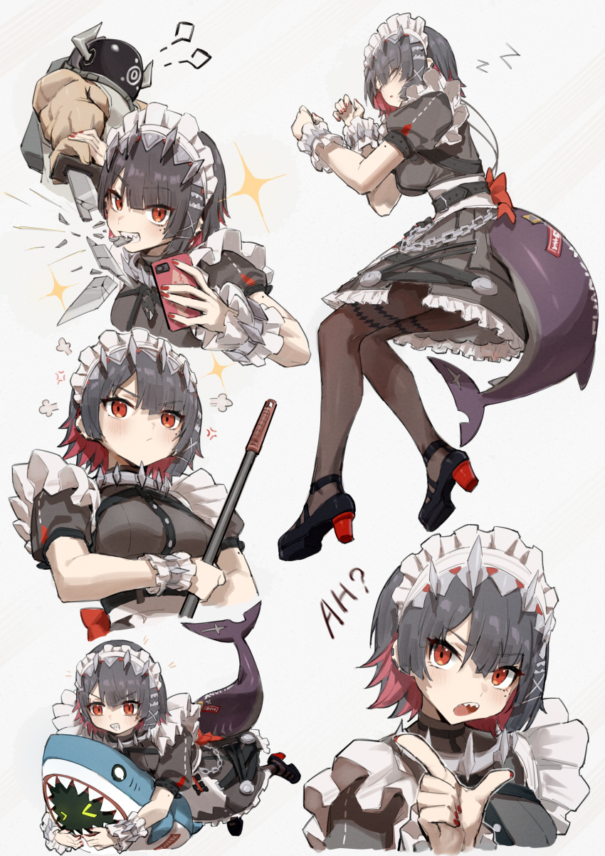 &gt;_&lt; 1boy 1girl :o absurdres anger_vein black_footwear black_hair blade_catching blush breasts broken broken_sword broken_weapon brown_pantyhose cellphone character_request commentary_request dodo_(yatotoyatoto) dress ellen_(zenless_zone_zero) fins fish_tail frilled_dress frills grey_background grey_dress grin hair_ornament hairclip hands_up helm helmet highres holding holding_phone holding_sword holding_weapon horns hugging_object lying maid maid_headdress medium_breasts mole mole_under_eye multicolored_hair muscular muscular_male nail_polish on_side open_mouth pantyhose parted_lips phone puffy_short_sleeves puffy_sleeves red_eyes red_hair red_nails shark_tail sharp_teeth shoe_soles shoes short_sleeves simple_background sleeping smile sparkle sword tail teeth two-tone_hair v-shaped_eyebrows weapon wrist_cuffs x_hair_ornament zenless_zone_zero zzz