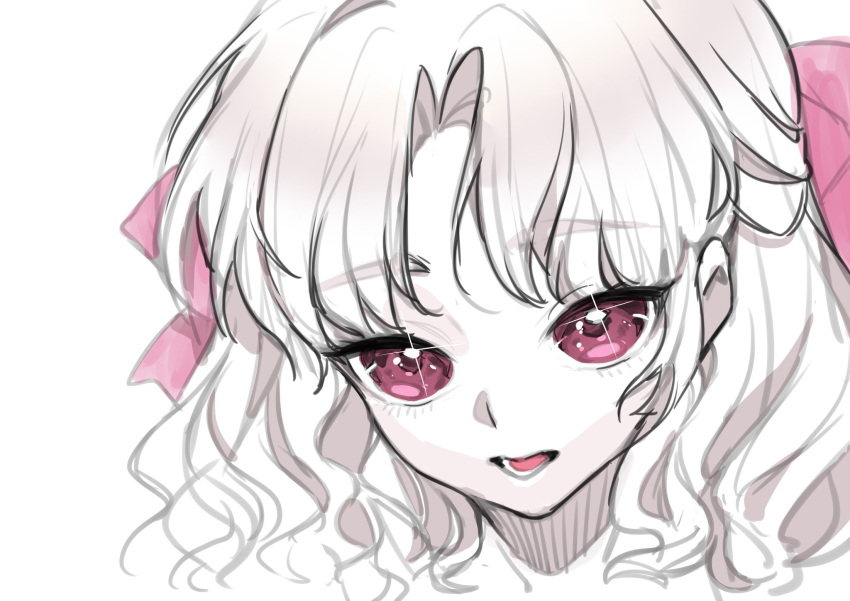 1girl close-up hair_ribbon highres long_hair looking_at_viewer may_(2747513627) monochrome open_mouth pink_eyes pink_ribbon ribbon sayonara_wo_oshiete simple_background sketch solo sparkling_eyes spot_color ueno_koyori wavy_hair