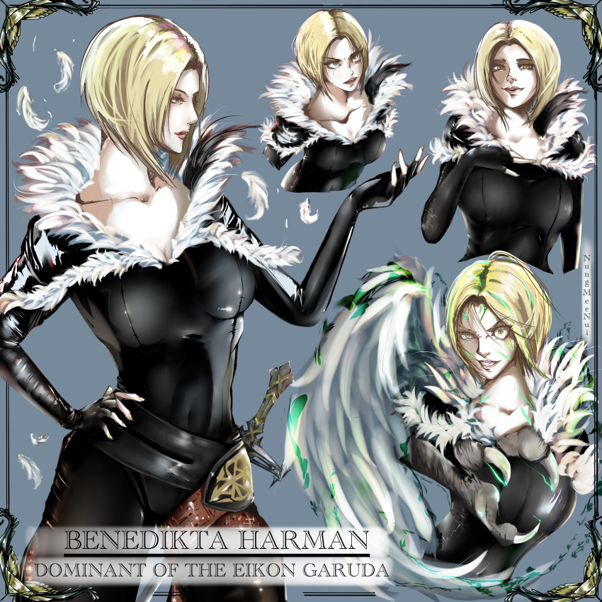 1girl absurdres benedikta_harman blonde_hair breasts cleavage english_text feather_collar feathered_wings feathers final_fantasy final_fantasy_xvi fingerless_gloves fur_collar fur_trim gloves green_feathers hand_on_own_chest hand_on_own_hip highres leather leather_pants leather_vest looking_at_viewer low_neckline pants sheath sheathed short_hair simple_background solo standing sword talons teeth upper_body user_whtv3335 weapon white_feathers wings yellow_eyes