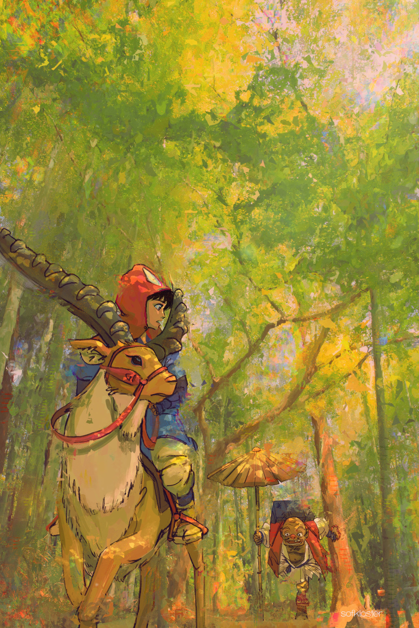 2boys absurdres animal ashitaka backpack bag bald black_hair cape deer forest geta highres holding holding_umbrella horseback_riding jigo_(mononoke_hime) mononoke_hime multiple_boys nature open_clothes open_mouth red_cape riding rosary running sofkloster studio_ghibli surprised tree turning_head umbrella