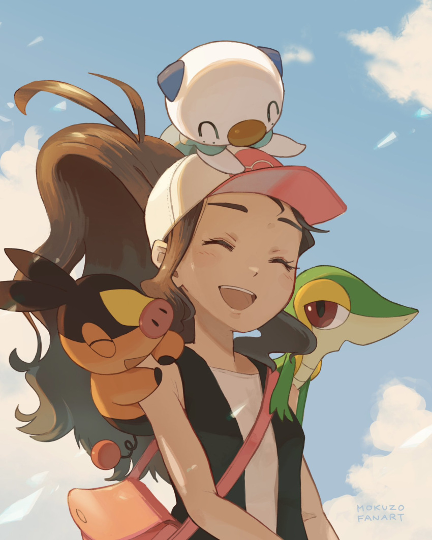 1girl :d bag baseball_cap black_vest brown_hair closed_eyes cloud day eyelashes happy hat high_ponytail highres hilda_(pokemon) long_hair mokuzou_(moku_ssbu) on_head open_mouth oshawott outdoors pink_bag pokemon pokemon_(creature) pokemon_(game) pokemon_bw pokemon_on_head shirt shoulder_bag sidelocks signature sky sleeveless sleeveless_shirt smile snivy starter_pokemon_trio teeth tepig tongue upper_teeth_only vest white_shirt