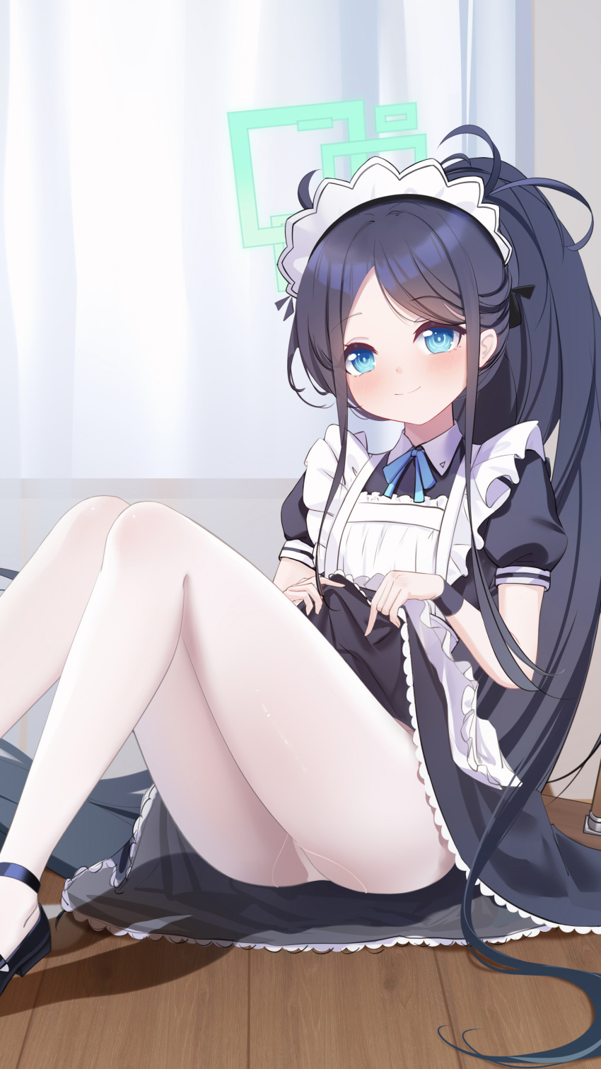 1girl absurdres apron aqua_ribbon aris_(blue_archive) aris_(maid)_(blue_archive) ass black_dress black_footwear black_hair black_wristband blue_archive blue_eyes blue_halo blush closed_mouth clothes_lift crotch_seam dress dress_lift feet_out_of_frame frilled_apron frills game_development_department_(blue_archive) green_halo halo highres holding holding_mop knees_together_feet_apart knees_up lifted_by_self liu_liaoliao long_hair looking_at_viewer maid maid_apron maid_headdress mop official_alternate_costume on_floor panties panties_under_pantyhose pantyhose pantyshot ribbon short_sleeves sidelocks sitting skirt skirt_lift smile solo thighs underwear very_long_hair white_apron white_panties white_pantyhose wooden_floor