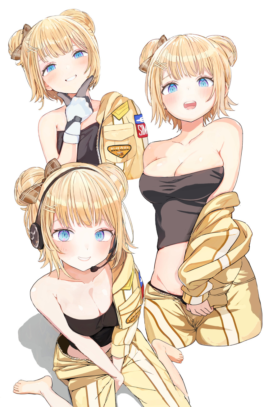 1girl absurdres astronaut bare_shoulders barefoot black_tube_top blue_eyes blush bow breasts cleavage collarbone double_bun full_body gloves groin hair_bow hair_bun hair_ornament hairpin half-closed_eyes headset highres hololive hololive_english ilol9 large_breasts looking_at_viewer multiple_hairpins multiple_views open_jumpsuit open_mouth patch short_hair simple_background sitting smile solo spacesuit strapless suit swept_bangs teeth tongue tube_top virtual_youtuber wariza watson_amelia watson_amelia_(astronaut) white_background white_gloves yellow_suit