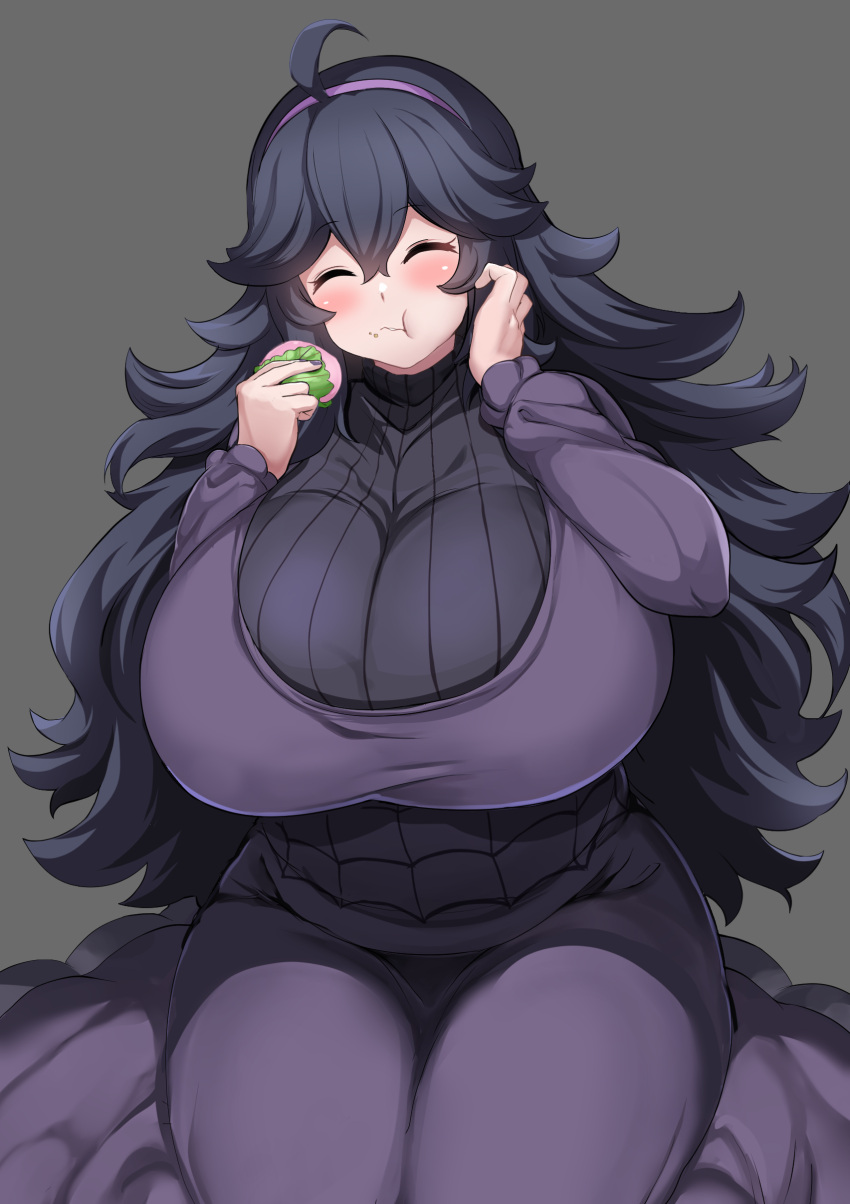 1girl ^_^ absurdres ahoge alternate_breast_size black_hair blush breasts closed_eyes closed_mouth covered_nipples dress eating food food_in_mouth food_on_face gigantic_breasts grey_background hair_between_eyes hairband hands_up happy hex_maniac_(pokemon) highres holding holding_food impossible_clothes impossible_dress long_dress long_hair long_sleeves maki_ikazuya pokemon pokemon_(game) pokemon_xy purple_dress purple_hairband simple_background sitting smile solo turtleneck very_long_hair wariza