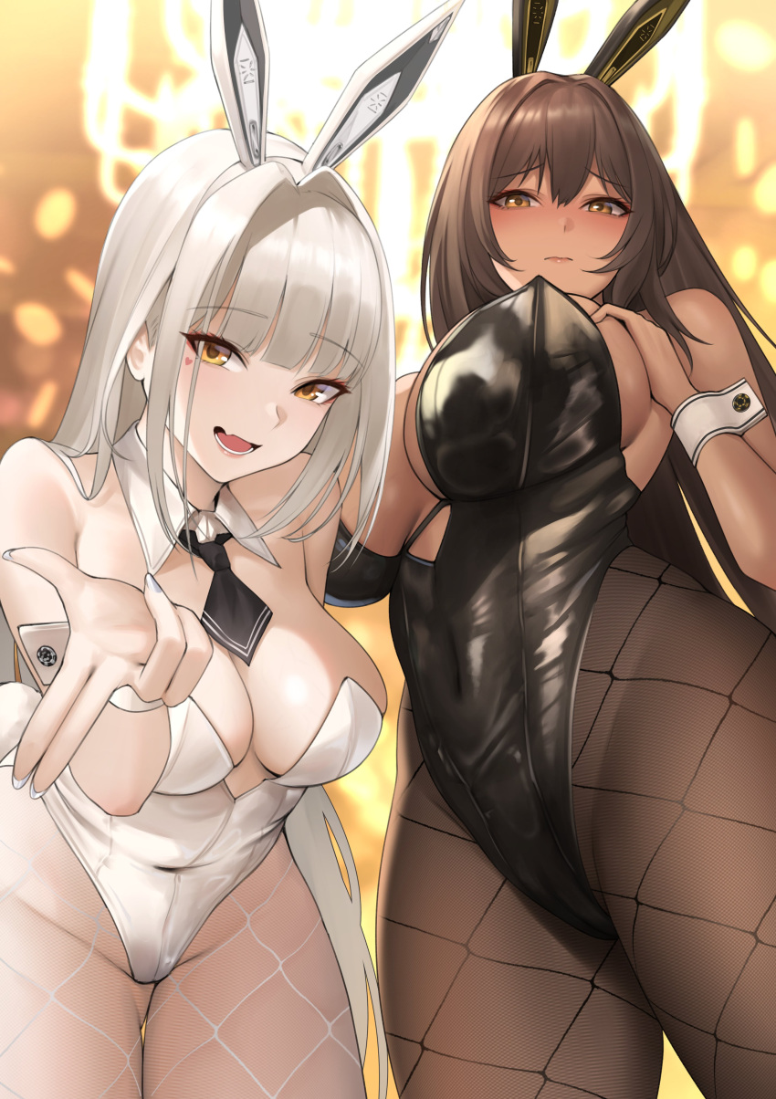 2girls absurdres animal_ear_headwear animal_ears ascot black_ascot black_leotard black_pantyhose blanc_(nikke) blunt_bangs breasts brown_hair commentary covered_navel dark-skinned_female dark_skin detached_collar fake_animal_ears fishnet_pantyhose fishnets goddess_of_victory:_nikke heart heart_tattoo highleg highleg_leotard highres kurone_rinka large_breasts leotard long_hair looking_at_viewer medium_breasts multiple_girls noir_(nikke) orange_eyes pantyhose playboy_bunny rabbit_ears red_eyeliner siblings silver_nails sisters strapless strapless_leotard tattoo thong_leotard very_long_hair white_hair white_leotard white_pantyhose wrist_cuffs yellow_eyes