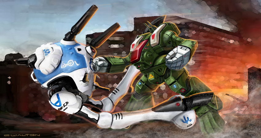 alien battle burning choujikuu_yousai_macross chuckwalton damaged destroid dirty duel energy_cannon english_commentary falling fire highres macross mecha missile_pod official_art promotional_art punching realistic regult robot robotech roundel ruins signature smoke spartan_(destroid) u.n._spacy walker_(robot) zentlardy_alphabet zentradi