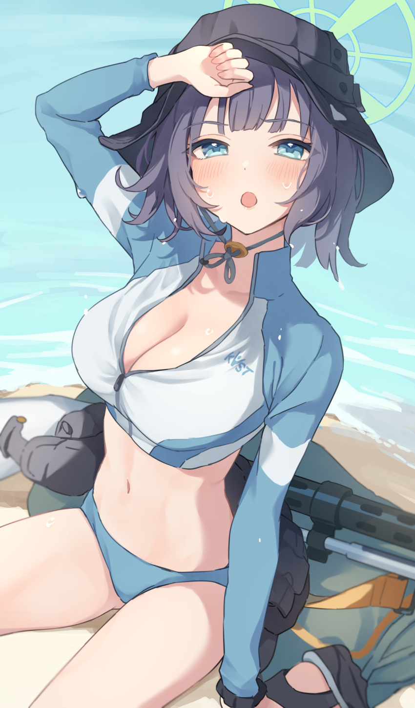 1girl :o arm_up beach bikini bikini_bottom_only black_headwear blue_archive blue_bikini blue_eyes breasts bucket_hat cleavage crop_top cropped_jacket grey_hair halo hat highres jacket large_breasts long_sleeves midriff navel official_alternate_costume open_mouth raglan_sleeves saki_(blue_archive) saki_(swimsuit)_(blue_archive) short_hair sitting solo stomach swimsuit teti thighs wet white_jacket zipper