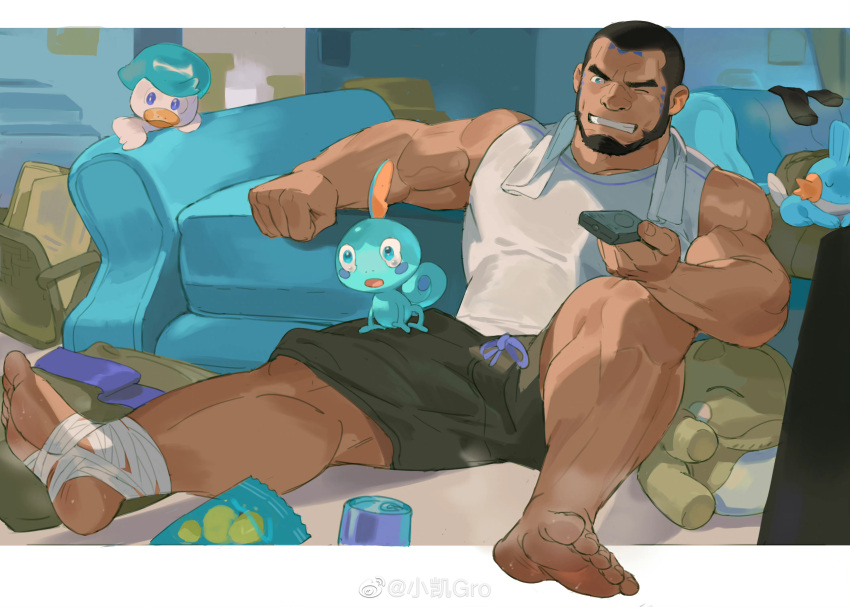 1boy absurdres atcesolcyc bandaged_foot bandages bara beard big_nose black_hair black_shorts black_socks blue_eyes buzz_cut calf character_request clenched_teeth commission controller dark-skinned_male dark_skin facial_hair feet full_body highres male_focus matt_(pokemon) mature_male muscular muscular_male one_eye_closed pectoral_cleavage pectorals pokemon pokemon_(creature) pokemon_(game) remote_control second-party_source shirt short_hair shorts sidepec sitting sleeveless sleeveless_shirt smell socks socks_removed soles solo_focus spread_legs steaming_body sweat sweaty_foot teeth veins veiny_arms very_short_hair white_shirt