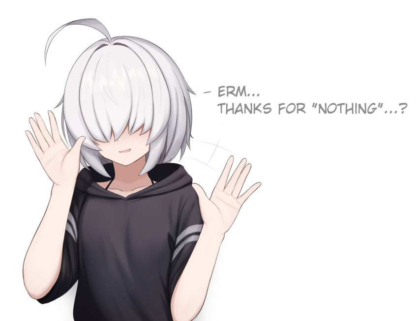 1girl ahoge arc_9_(mikoscrub) black_hoodie commentary english_text grey_hair hair_over_eyes hands_up highres hood hoodie medium_hair mikoscrub motion_lines original smile solo spaghetti_strap upper_body