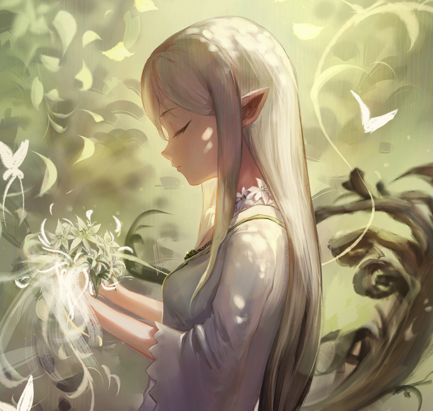 1girl absurdres blonde_hair breasts bug butterfly closed_eyes closed_mouth commentary dappled_sunlight elf english_commentary facing_down flower flower_necklace from_side hands_up highres holding holding_flower long_hair medium_breasts original pointy_ears profile shirt sidelocks sishenfan sleeves_past_elbows solo sunlight white_flower white_shirt wide_sleeves