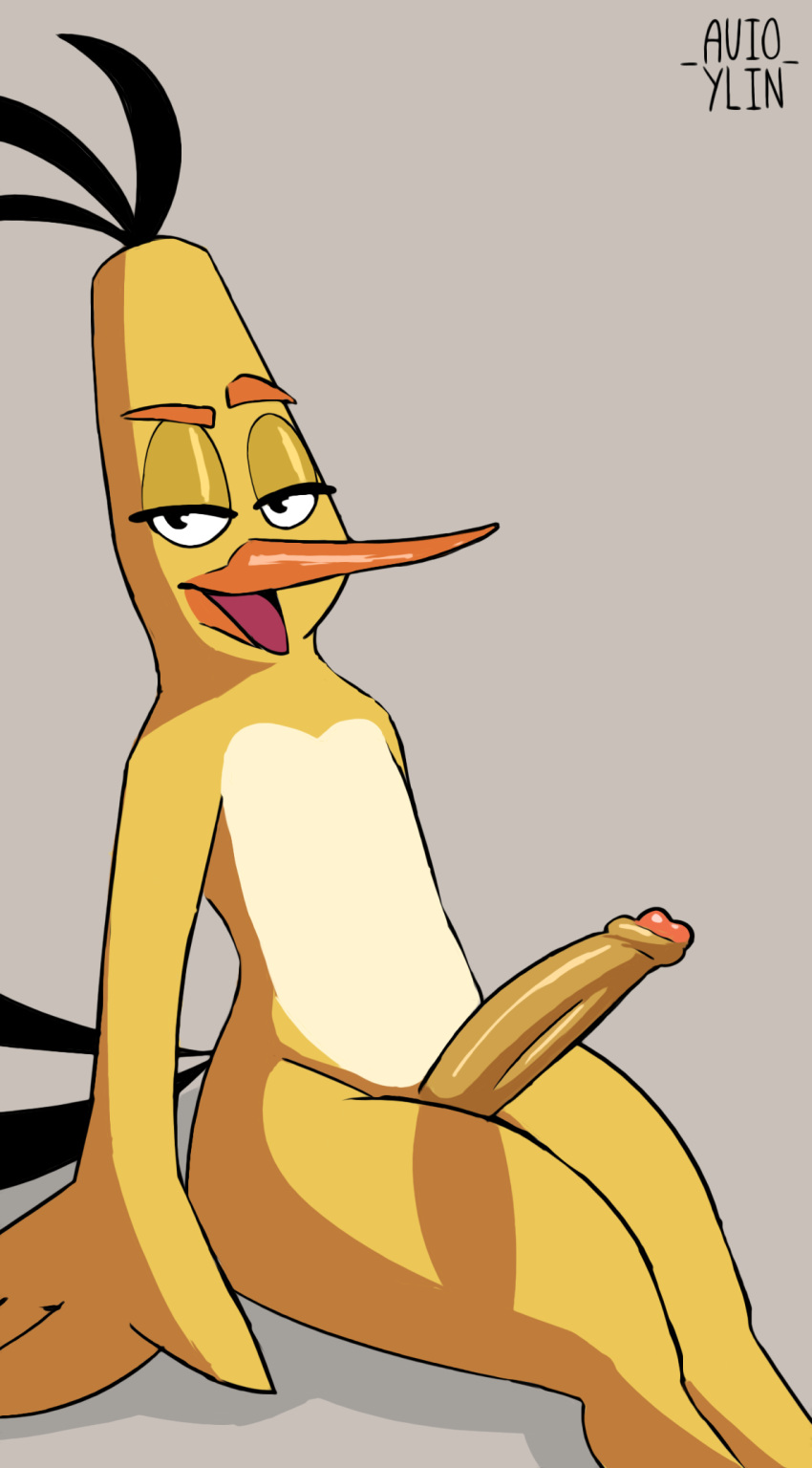 angry_birds anthro avian avioylin beak bedroom_eyes bird chuck_(angry_birds) erection feathers genitals hi_res humanoid_genitalia humanoid_penis looking_at_viewer male narrowed_eyes penis seductive simple_background solo thick_thighs
