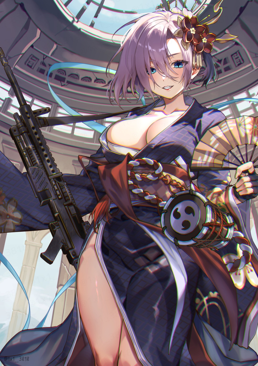 1girl absurdres aqua_eyes chest_sarashi flower folding_fan girls'_frontline gun hair_flower hair_ornament hand_fan highres japanese_clothes kimono machine_gun mg5_(dark_blossom_of_the_end)_(girls'_frontline) mg5_(girls'_frontline) official_alternate_costume sarashi shinima solo weapon