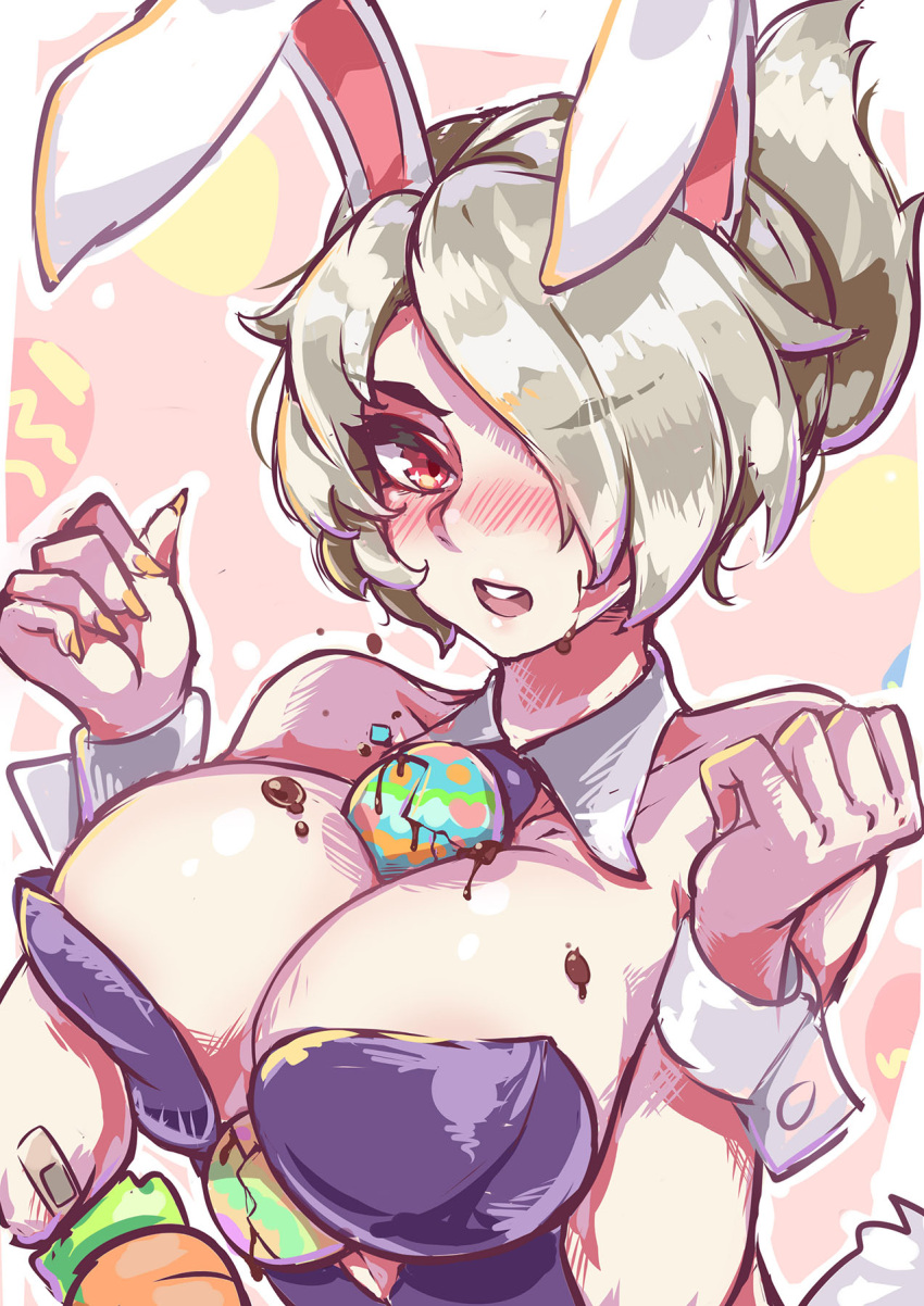 1girl :d bare_shoulders battle_bunny_riven black_leotard blonde_hair blush breast_press breasts brown_eyes carrot chocolate cleavage darklux detached_collar hair_over_one_eye highres league_of_legends leotard looking_at_viewer medium_hair nail_polish orange_nails riven_(league_of_legends) short_hair smile solo teeth upper_body upper_teeth_only wrist_cuffs