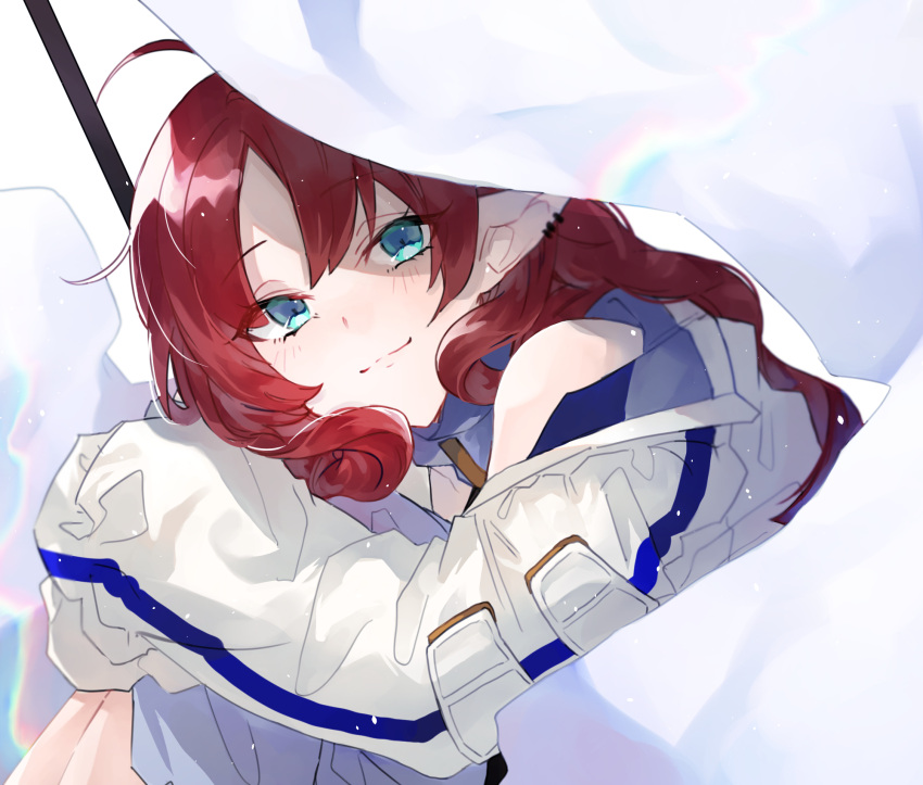 1girl ahoge arknights bare_shoulders blue_eyes commentary_request dress feet_out_of_frame flag highres holding holding_flag hugging_own_legs jacket knees_up long_hair looking_at_viewer myrtle_(arknights) pointy_ears red_hair sidelocks simple_background sleeves_past_fingers sleeves_past_wrists smile solo white_background white_dress white_flag white_jacket yakota_(usuk-yako)