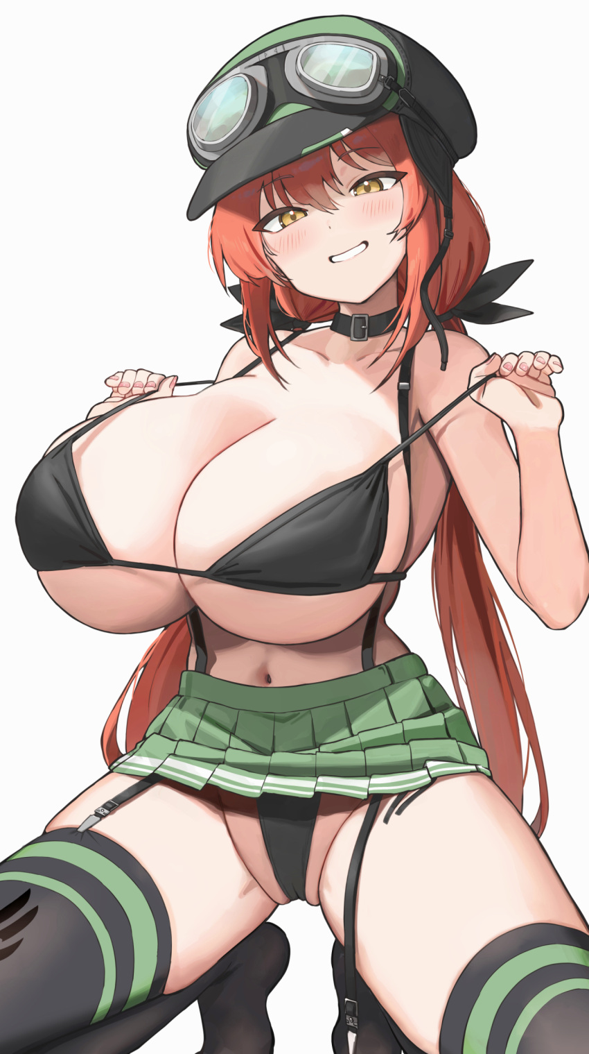 1girl absurdres bikini black_bikini black_collar black_ribbon black_thighhighs blush breasts collar commission copyright_request goggles goggles_on_headwear green_headwear green_skirt grey_background hair_ribbon hat highres huge_breasts large_breasts long_hair looking_at_viewer low_twintails navel pleated_skirt red_hair ribbon simple_background skirt smile solo squatting swimsuit thighhighs twin_(tt_lsh) twintails yellow_eyes