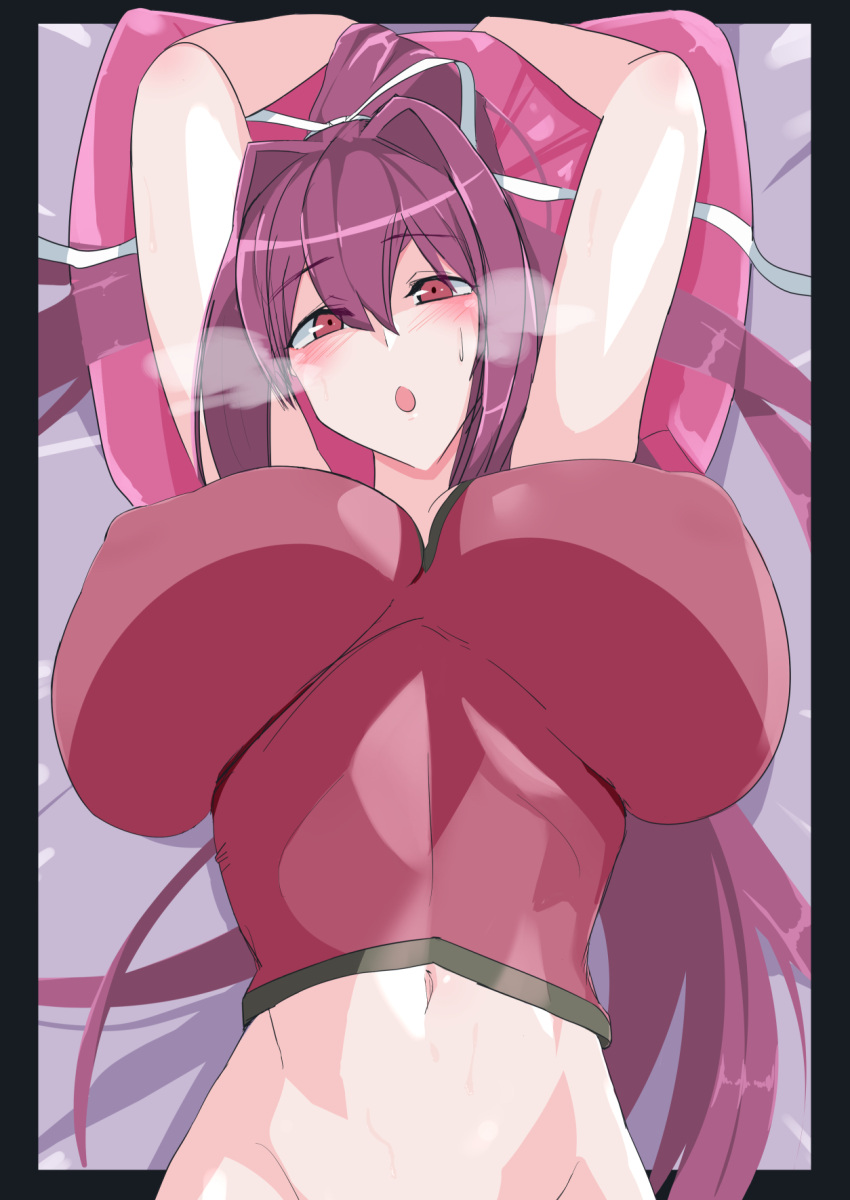 1girl arms_up bare_shoulders breasts camisole cleavage crop_top hair_intakes heavy_breathing highres huge_breasts long_hair looking_at_viewer midriff navel pink_pillow ponytail purple_hair red_camisole red_eyes ribbon solo tsu-mo3 under_night_in-birth very_long_hair white_ribbon yuzuriha_(under_night_in-birth)