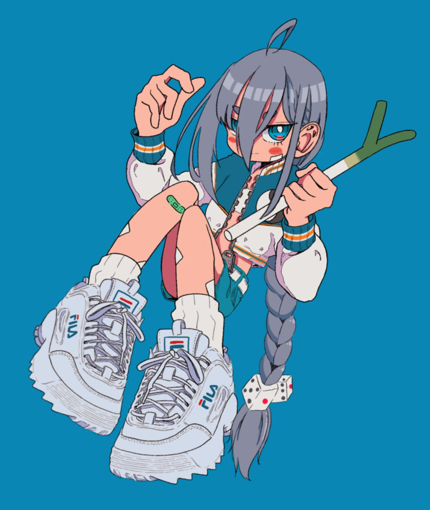 1girl ahoge bandaid bandaid_on_cheek bandaid_on_face bandaid_on_knee bandaid_on_leg blue_background blue_eyes blue_shorts blush_stickers braid closed_mouth cropped_jacket dice_hair_ornament fila food full_body grey_hair hair_between_eyes hair_ornament hair_over_one_eye highres holding holding_food holding_spring_onion holding_vegetable jacket knees_up long_bangs long_hair long_sleeves looking_at_viewer nao97122 open_clothes open_jacket original shoes shorts simple_background single_braid sitting sneakers socks solo spring_onion thick_eyebrows vegetable very_long_hair white_footwear white_socks zipper zipper_pull_tab