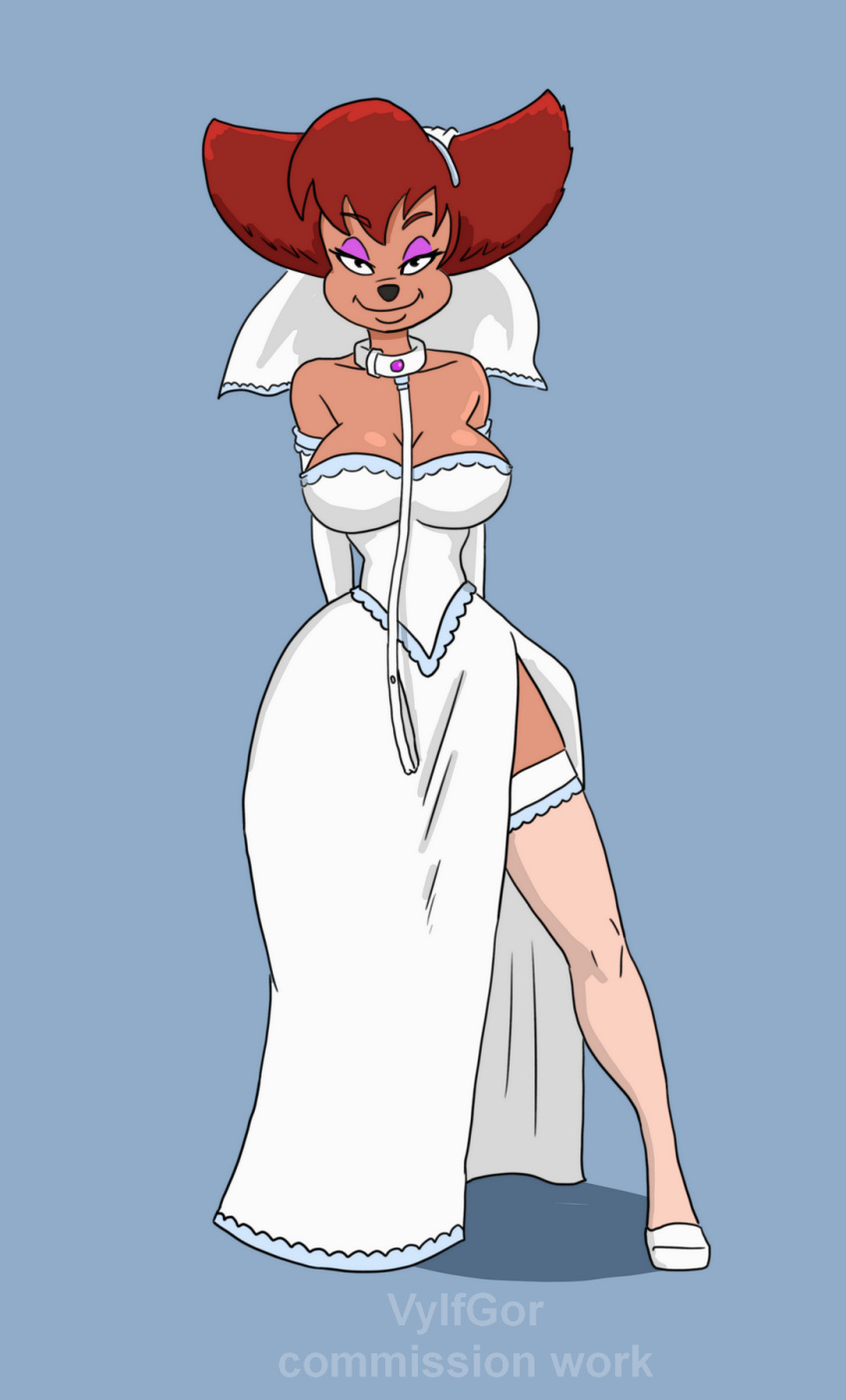 anthro armwear bedroom_eyes big_breasts breasts canid canine clothing collar disney dress elbow_gloves female gloves goof_troop handwear hi_res leash legwear looking_at_viewer mammal mature_female narrowed_eyes peg_pete seductive slit_dress solo stockings veil vylfgor wedding_dress