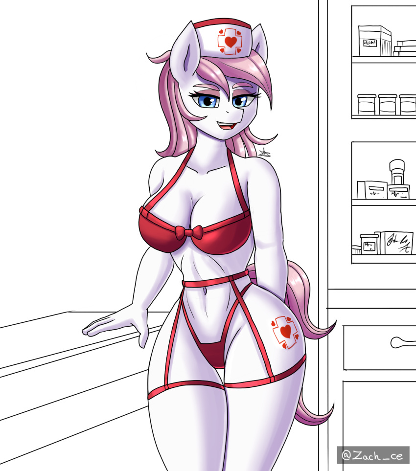anthro anthrofied bra breasts cleavage clothed clothing equid equine female friendship_is_magic hair hasbro hi_res mammal my_little_pony nurse_redheart_(mlp) panties pink_hair solo underwear wide_hips zachc