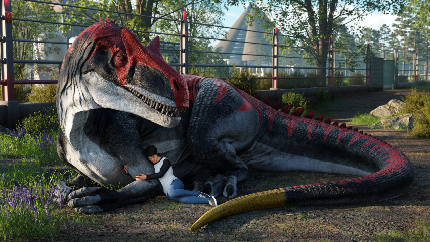 16:9 2023 3d_(artwork) 4k absurd_res allosaurid allosaurus black_body black_scales building carn_(shorty) claws clothed clothing detailed_background digital_media_(artwork) dinosaur duo embrace eyes_closed fence feral grass hair hi_res hug hugging_arm human ivorylagiacrus larger_feral larger_male lying lying_on_another lying_on_ground male male_(lore) mammal multicolored_body multicolored_scales nero_(shorty) on_front on_side open_mouth outside plant red_body red_scales reptile rock scales scalie sharp_claws sharp_teeth sitting size_difference sleeping smaller_human smaller_male tail teeth theropod tree white_body white_scales widescreen yellow_body yellow_scales