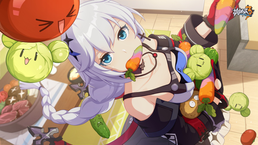 &gt;_&lt; 1girl ai-chan_(honkai_impact) bare_shoulders black_sleeves blue_eyes bowl braid breasts cabbage carrot collarbone earrings food food_in_mouth fruit gloves highres holding holding_food honkai_(series) honkai_impact_3rd indoors jewelry kallen_kaslana kallen_kaslana_(sin_hunter) kitchen looking_at_food looking_up medium_breasts necklace official_art official_wallpaper pickle potato red_gloves standing tomato vegetable white_hair