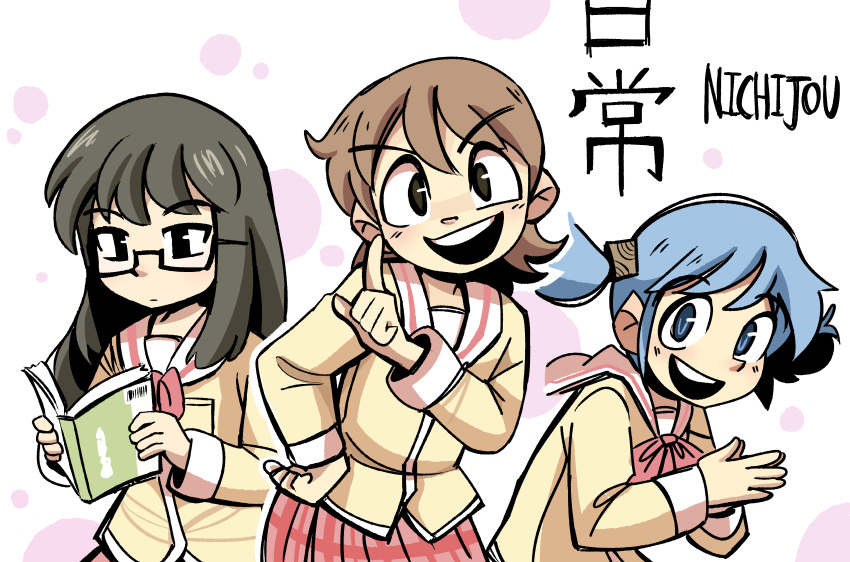 3girls absurdres aioi_yuuko black_eyes black_hair blue_eyes blue_hair book bow bowtie brown_hair brown_jacket commentary copyright_name cropped_legs cube_hair_ornament english_commentary glasses hair_ornament hand_on_own_hip highres holding holding_book index_finger_raised jacket looking_at_viewer medium_hair minakami_mai multiple_girls naganohara_mio nichijou open_mouth own_hands_together peargor plaid plaid_skirt reading red_bow red_bowtie red_skirt sailor_collar school school_uniform short_twintails skirt teeth tokisadame_school_uniform twintails upper_teeth_only v-shaped_eyebrows