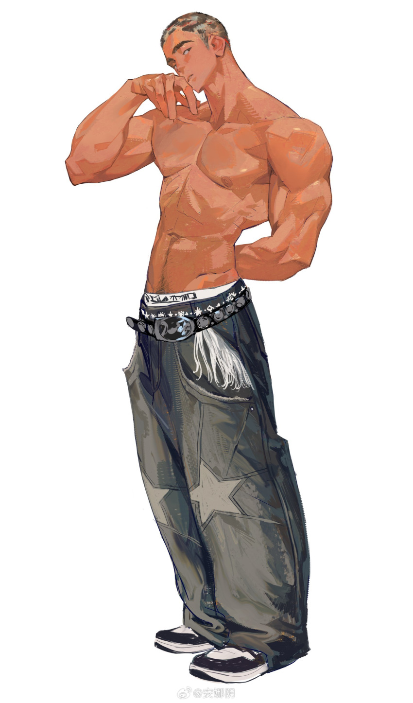 1boy abs absurdres baggy_pants bara buzz_cut covering_mouth from_side full_body hand_over_own_mouth highres horikwawataru large_pectorals looking_at_viewer male_focus male_underwear male_underwear_peek mature_male multicolored_hair muscular muscular_male navel navel_hair nipples original pants pectorals short_hair sideburns solo standing star_(symbol) star_print stomach thick_eyebrows topless_male two-tone_hair underwear very_short_hair white_male_underwear