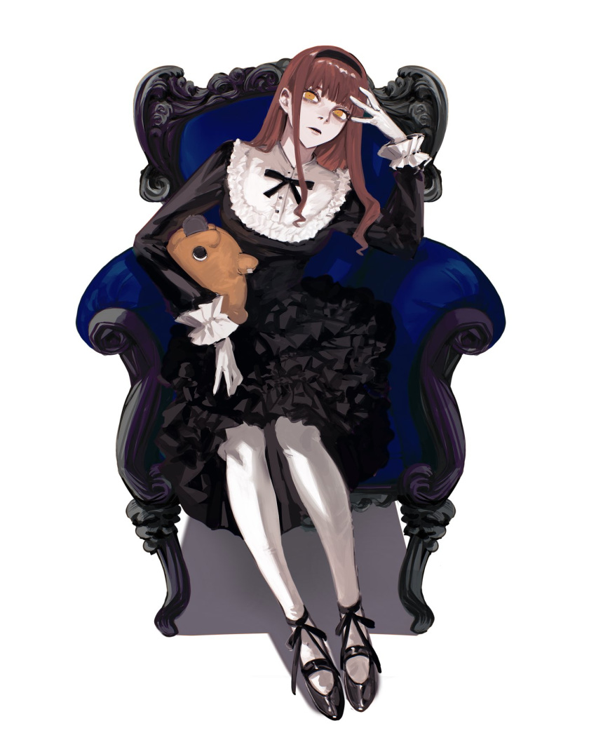 1girl alternate_hairstyle bangs black_dress black_ribbon blunt_bangs chainsaw_man character_doll dress elbow_rest frilled_dress frilled_shirt_collar frilled_sleeves frills gloves hairband head_rest highres kamo_(kamonegioisi) leggings long_hair looking_at_viewer makima_(chainsaw_man) pochita_(chainsaw_man) red_hair ribbon ringed_eyes sidelocks simple_background sitting solo white_background white_gloves white_leggings yellow_eyes