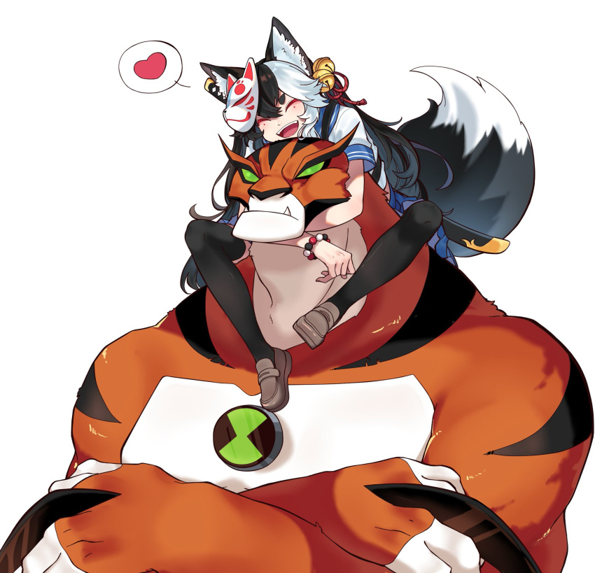 1boy 1girl animal_ears ben_10 ben_10:_alien_force black_hair closed_eyes commission crossed_arms fox_ears fox_girl fox_mask fox_tail full_body furry gammainkk green_eyes heart highres hug leg_wrap mask multicolored_hair rath_(ben_10) second-party_source sitting_on_shoulder size_difference spoken_heart tail tiger_stripes upper_body virtual_youtuber white_hair youzaiyouzai112