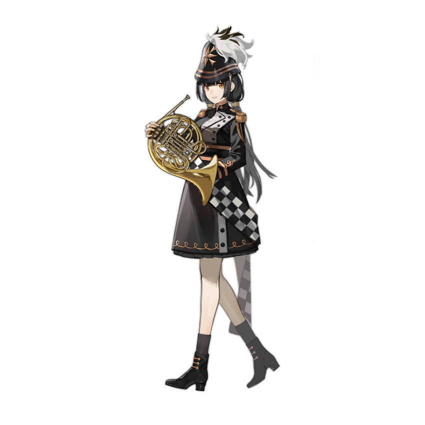 1girl black_dress black_footwear black_hair black_socks boots breasts dress epaulettes french_horn full_body girls'_frontline hat hat_feather heterochromia high_heel_boots high_heels highres holding holding_instrument instrument long_hair long_sleeves looking_at_viewer low_twintails marching_band medium_breasts multicolored_hair nunuan official_alternate_costume official_art open_mouth red_eyes ro635_(girls'_frontline) ro635_(molten_moon_in_the_water)_(girls'_frontline) shako_cap simple_background smile socks solo standing streaked_hair transparent_background twintails white_hair yellow_eyes