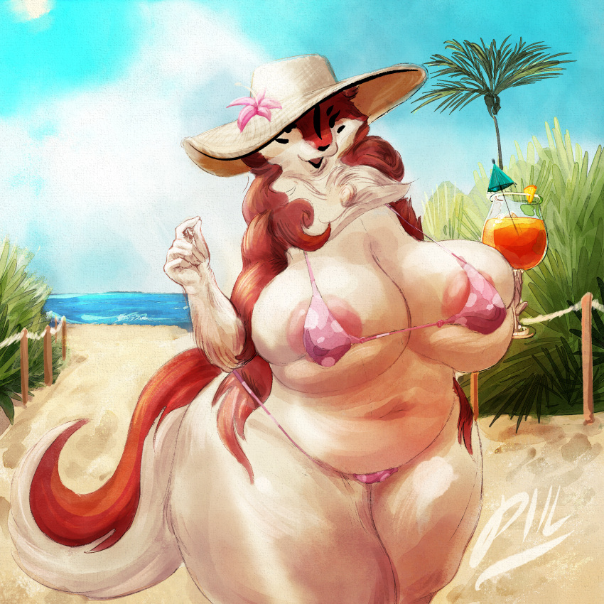 1:1 2022 5_fingers absurd_res alcohol anthro areola areola_slip beach beverage big_breasts bikini breasts canid canine canis cleavage cleavage_overflow clothed clothing cloud day deep_navel facial_tuft female fingers flower_accessory fur hat headgear headwear hi_res holding_beverage holding_object huge_breasts mammal multicolored_body multicolored_fur navel neck_tuft open_mouth outside palm_tree piilsud plant red_body red_fur ria_(piilsud) sand seaside signature solo standing sun_hat swimwear tree tuft two_tone_body two_tone_fur white_body white_fur wolf