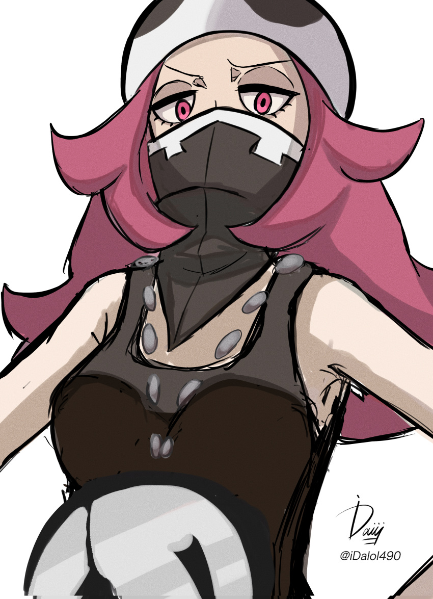 1girl absurdres bandana bandana_over_mouth bare_shoulders black_shirt covered_mouth hat highres ida_(idalol490) long_hair pink_eyes pink_hair pokemon pokemon_(game) pokemon_sm shirt sleeveless sleeveless_shirt solo team_skull team_skull_grunt twitter_username upper_body white_background