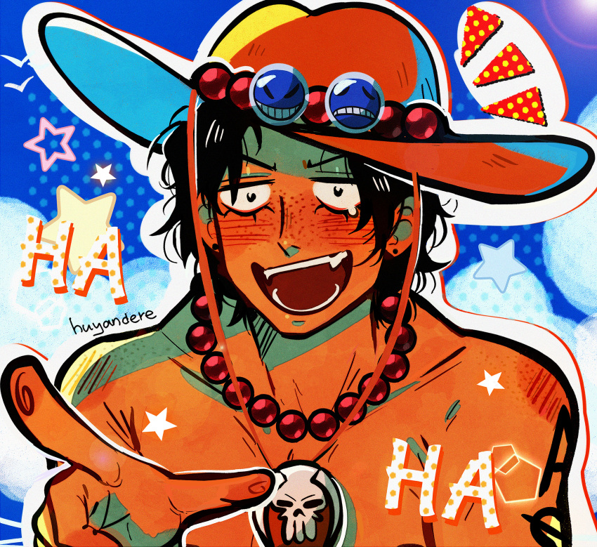 1boy absurdres bead_necklace beads black_hair blush cowboy_hat drop_shadow earrings freckles goggles goggles_on_headwear hat highres huyandere jewelry laughing male_focus medium_hair necklace one_piece open_mouth pointing portgas_d._ace solo sound_effects star_(symbol) stud_earrings tattoo tearing_up toned toned_male topless_male upper_body wavy_hair