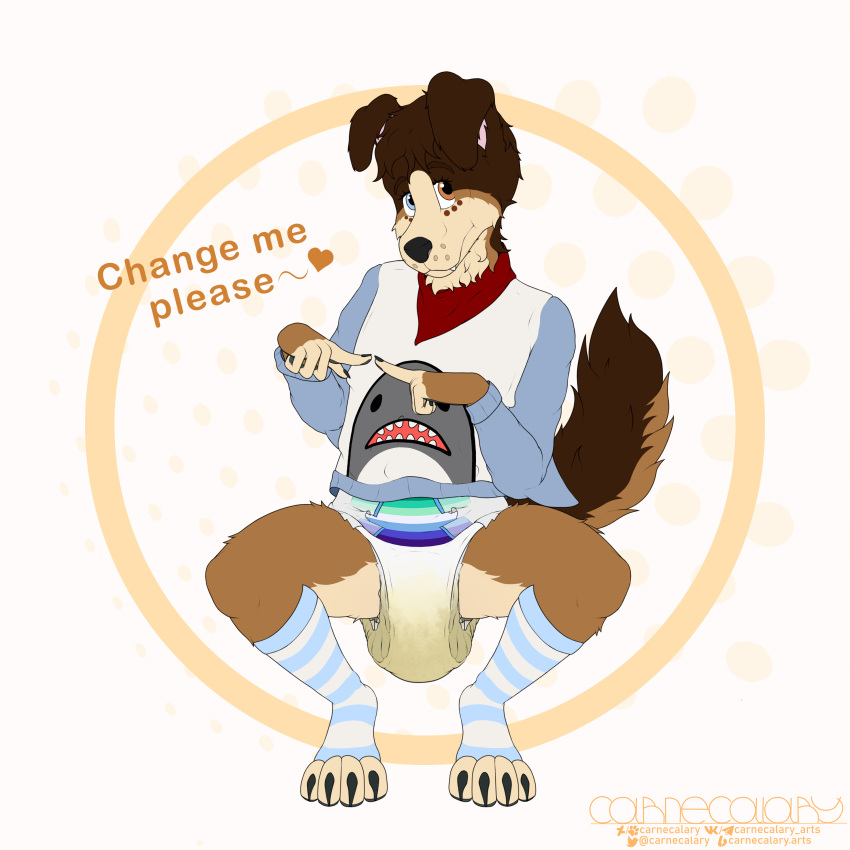 absurd_res anthro asking_viewer begging belly blue_clothing blue_eyes blue_legwear blue_stockings bodily_fluids brown_body brown_eyes brown_fur brown_hair canid canine canis carnecalary clothed clothing crouching dialogue diaper diaper_fetish diaper_use domestic_dog eyebrows feces fingers_together footwear full_diaper fur genital_fluids hair heterochromia hi_res hoodie infantilism legwear lgbt_pride looking_at_viewer male mammal markings messy_diaper navel pattern_clothing pattern_legwear peeing pooping poopy poopy_diaper pride_color_clothing pride_color_flag pride_color_topwear pride_colors print_clothing print_shirt print_topwear raised_eyebrows raised_tail sagging_diaper scarf shirt smelly smile socks soggy_diaper soiled_diaper soiling soiling_diaper solo spots spotted_markings squatting_position stained_diaper stinky_diaper stockings striped_clothing striped_legwear stripes tail talking_to_viewer teeth topwear urine used_diaper wearing_diaper wet_diaper wetting wetting_diaper white_clothing