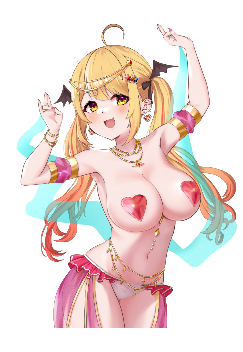 1girl absurdres ahoge ar-khey arms_up belly_dancing blonde_hair bracelet breasts commission dancer earrings hair_ornament heart_pasties highres hololive jewelry large_breasts long_hair looking_at_viewer necklace open_mouth panties pasties simple_background smile solo twintails underwear virtual_youtuber white_background white_panties yellow_eyes yozora_mel